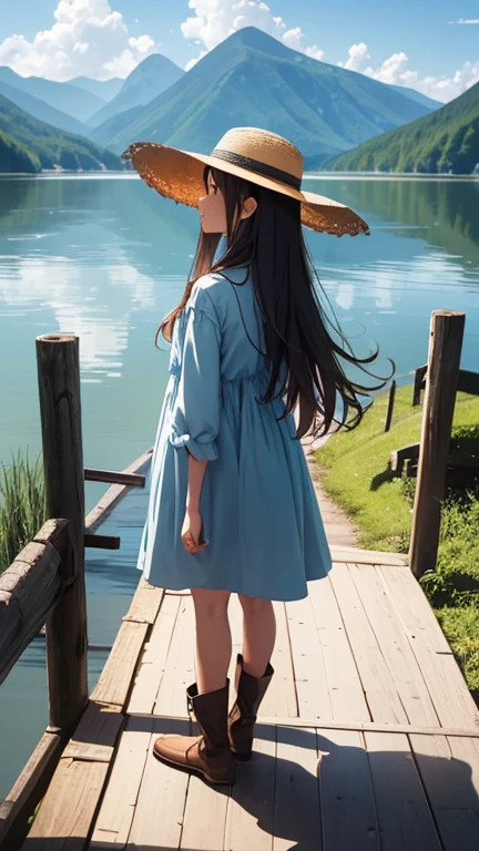 Straight long hair, Have、fishing rod, Light blue dress, Brown boots, Straw hat,Casual clothing, Relaxed pose, (((Standing on a wooden pier))), Side view, Outdoor natural scenery, Green water lake, Forest and mountains in the background々, Clear blue sky and white clouds, Natural light, Light from above, Soft Shadows, Calm and relaxed atmosphere, Wide-angle shot, Deep writing depth, Well-balanced exposure