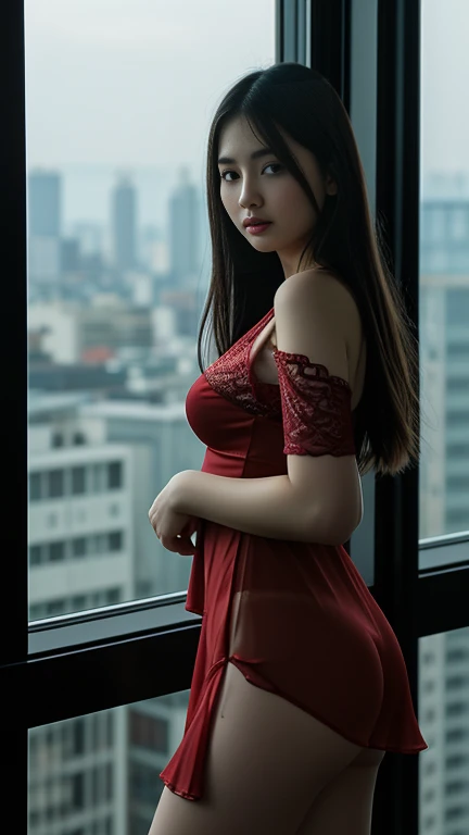 (masterpiece, best quality: 1.2), 1 girl young teenager japonese solo, sexy posing, PROMINENT BUTTOCKS combined perfectly with a slimmer waist, wearing sexy red silk dress with lace, dslr, 8k hd, , standing in luxury hotel room looking at city Tokyo through glass window, RAW, Eloquence