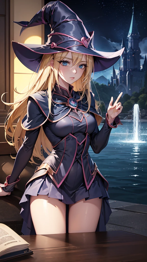 dark magician girl, masterpiece, best quality, (1 Girl), Solitary, (water), Long hair, Blonde Hair, Blue headdress, Wizard Hat, Spellcasting, castle, castle:2, Motion Blur, Book, magic, (moonlight:1.2), Chromatic Aberration, Depth of Field, Soft lighting, The face is rich in detail, Very detailed eyes, 