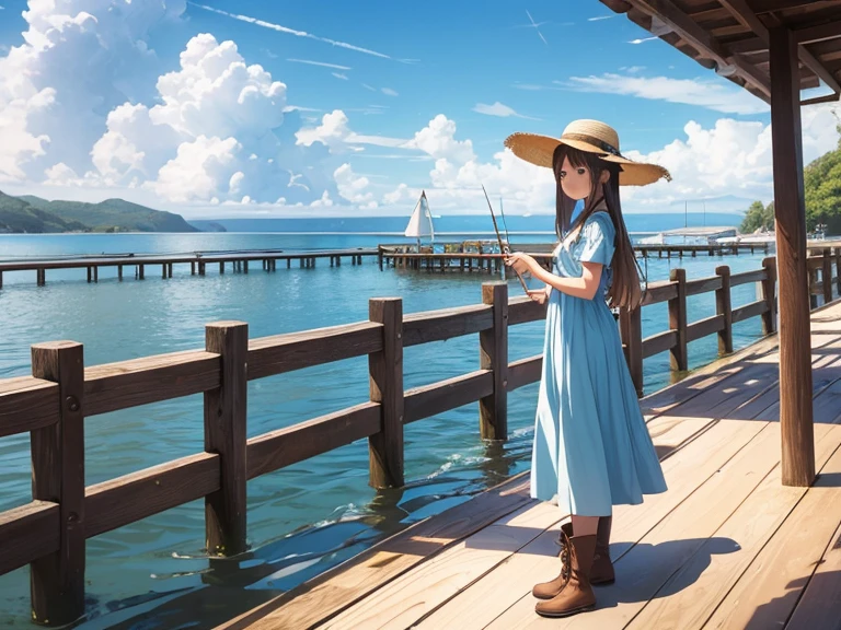 Straight long hair, Have、parasol, Light blue dress, Brown boots, Straw hat,Casual clothing, Relaxed pose, (((Standing on a wooden pier))), Side view, Outdoor natural scenery, Summer Sea, Sea and cumulonimbus clouds in the background, Clear blue sky and white clouds, Natural light, Light from above, Soft Shadows, Calm and relaxed atmosphere, Wide-angle shot, Deep writing depth, Well-balanced exposure