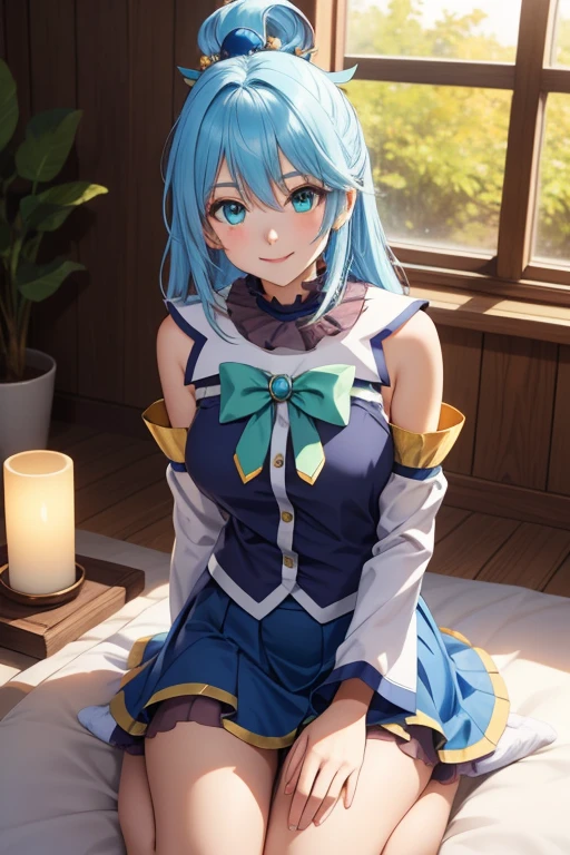 A high-quality, ultra-detailed artwork featuring a young woman with long, flowing blue hair, adorned with a delicate hair ornament and a green bow. She has striking, beautiful aqua eyes and wears a blue shirt with detached sleeves, along with a matching blue skirt. Her bare shoulders are visible, and she wears a choker around her neck, adding elegance to her look. She is sitting in a traditional seiza position, smiling happily in a warm, serene atmosphere. The background features soft candlelight and gentle sun rays filtering through windows, creating a calm and peaceful setting. The overall image is vibrant, detailed, and filled with soft, glowing light.