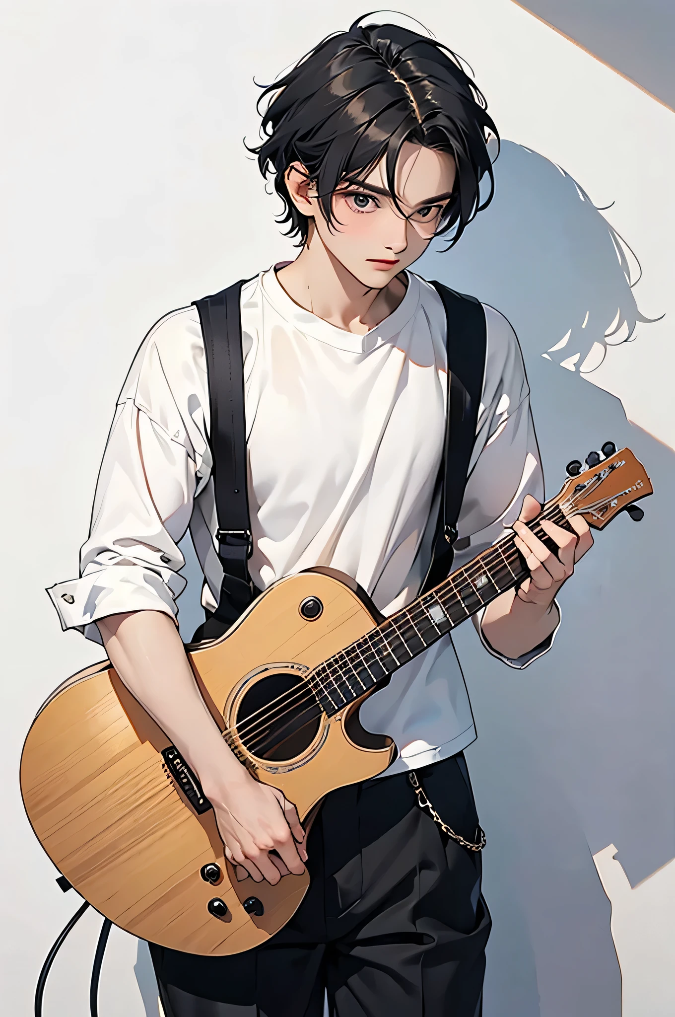 **씨아트 프롬프트 명령어**:

"Full-body shot of a man wearing casual clothes, standing on a plain white background. He is holding an antique-colored electric guitar slung over his shoulder and is slightly turned to the side, gazing off into the distance as he sings passionately. The guitar, with its vintage look, contrasts subtly against the minimalist backdrop. His body language shows confidence, and his face is expressive, immersed in the music. The lighting is soft, without harsh shadows, emphasizing the purity of the white setting and making the man and his guitar the clear focal points of the scene."