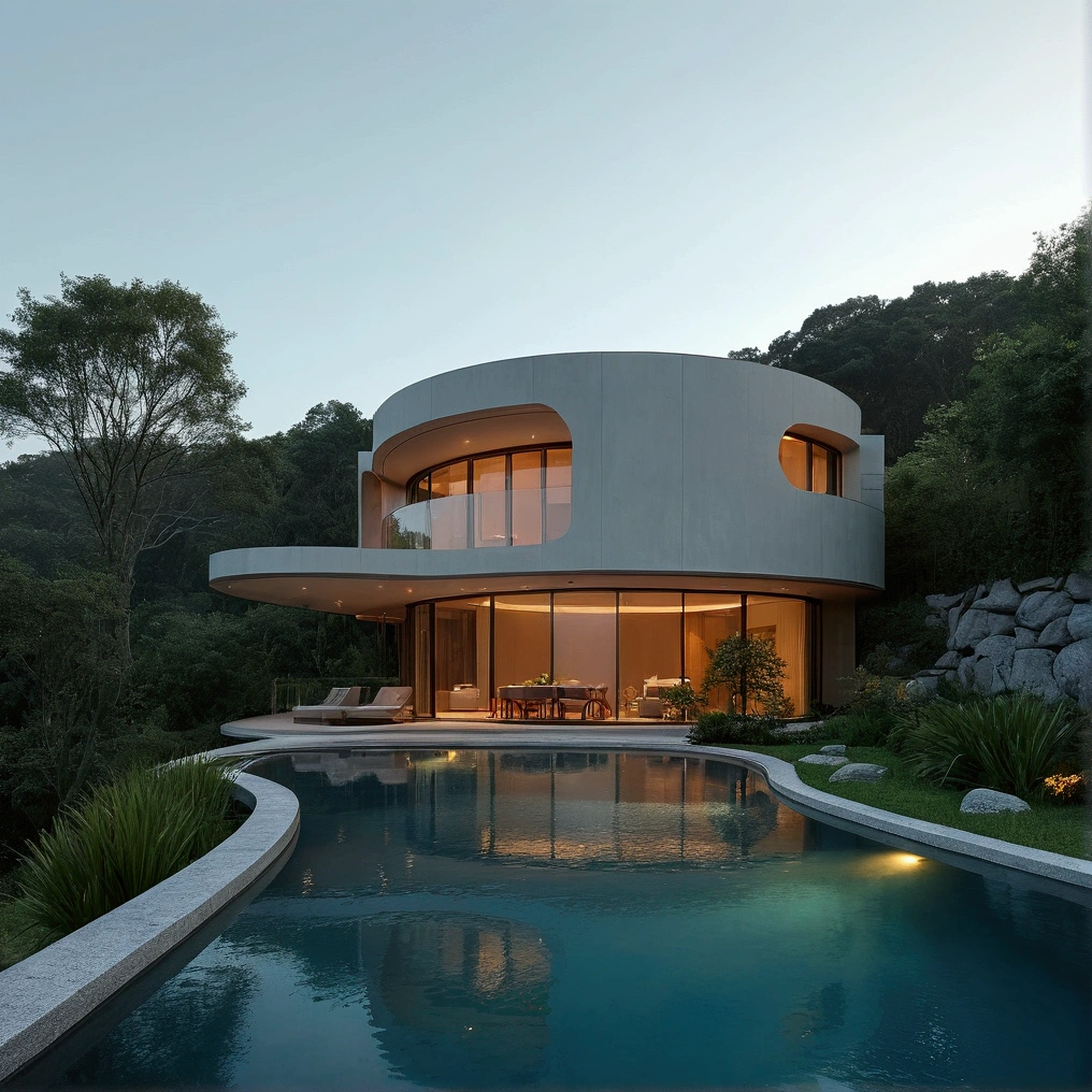 A modern circular home with large glass windows and a balcony overlooking a serene landscape. The house features a sleek, minimalist design, surrounded by lush greenery and a well-manicured garden. In the foreground is a beautiful curved pool, reflecting the house and the surrounding trees. The soft evening light casts warm, inviting tones from inside the home, creating a tranquil and luxurious atmosphere. The sky is clear, further enhancing the calm and peaceful setting.