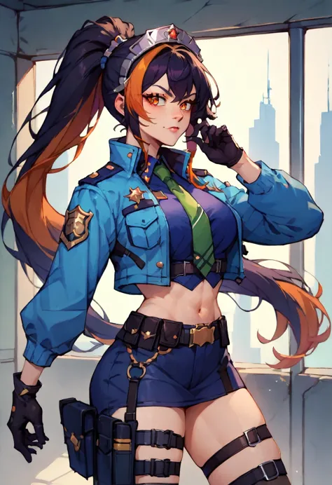 zhu yuan, orange eyes, black hair, long hair, streaked hair, ponytail, metal hairband, police uniform, blue jacket, cropped jack...