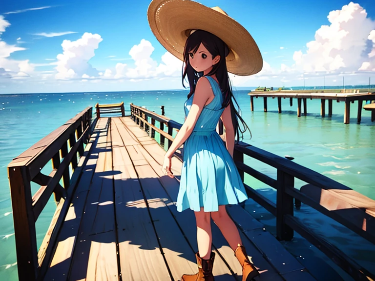 Straight long hair, Have、parasol, Light blue dress, Brown boots, Straw hat,Casual clothing, Relaxed pose, (((Standing on a wooden pier))), Side view, Outdoor natural scenery, Summer Sea, Sea and cumulonimbus clouds in the background, Clear blue sky and white clouds, Natural light, Light from above, Soft Shadows, Calm and relaxed atmosphere, Wide-angle shot, Deep writing depth, Well-balanced exposure