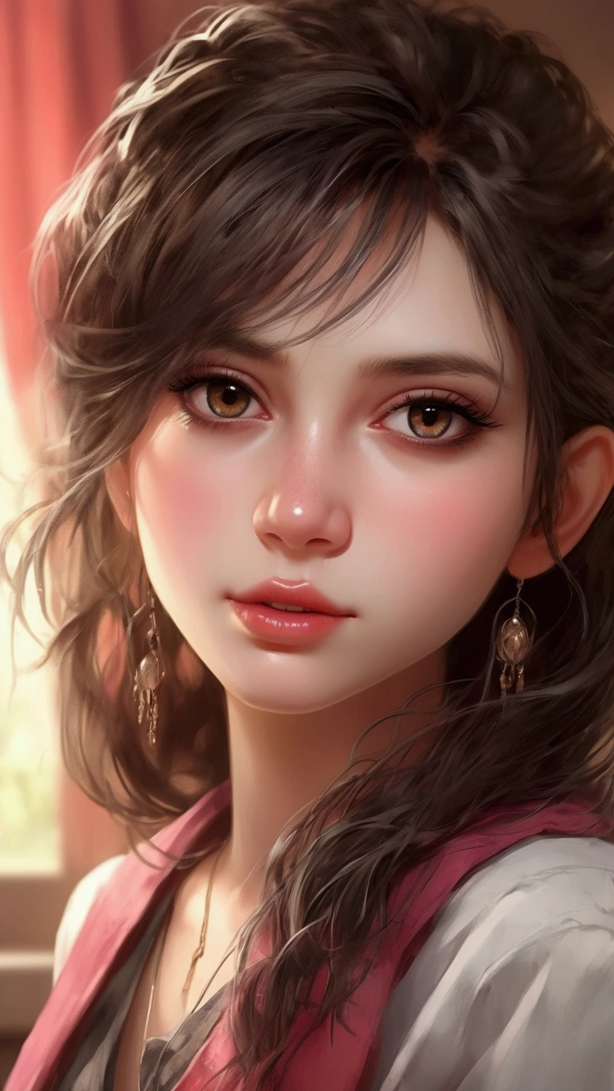 a beautiful e-girl, detailed face with beautiful eyes, lips, long eyelashes, messy hair, wearing colorful casual outfit, enjoying weekend in a cozy room, sunlight shining through the window, (best quality,4k,8k,highres,masterpiece:1.2),ultra-detailed,(realistic,photorealistic,photo-realistic:1.37),intricate details, soft lighting, warm color palette, beautiful composition