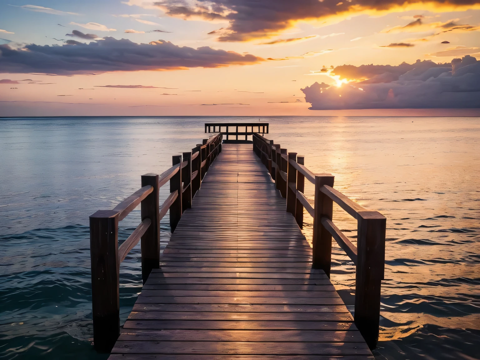 Wooden pier, Spreading across the sea, Vibrant sunset, Vibrant colors, Calm sea, Serene atmosphere, Bright clouds, Soft Shadows, Warm Light, Outdoor, Natural scenery, Vast Sky, High angle view, Long view, Conspicuous conductor, quiet, invite, Picturesque, Deep writing depth