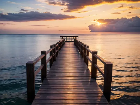 Wooden pier, Spreading across the sea, Vibrant sunset, Vibrant colors, Calm sea, Serene atmosphere, Bright clouds, Soft Shadows, Warm Light, Outdoor, Natural scenery, Vast Sky, High angle view, Long view, Conspicuous conductor, quiet, invite, Picturesque, Deep writing depth