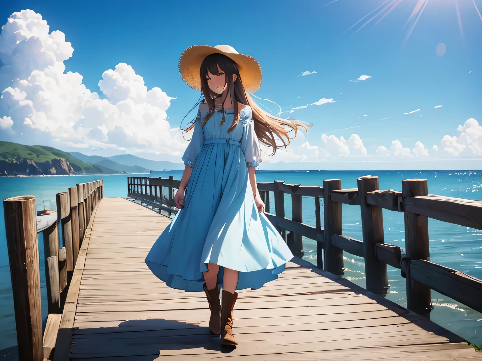 Straight long hair, Have、parasol, Light blue dress, Brown boots, Straw hat,Casual clothing, Relaxed pose, (((Standing on a wooden pier))), Side view, Outdoor natural scenery, Summer Sea, Sea and cumulonimbus clouds in the background, Clear blue sky and white clouds, Natural light, Light from above, Soft Shadows, Calm and relaxed atmosphere, Wide-angle shot, Deep writing depth, Well-balanced exposure