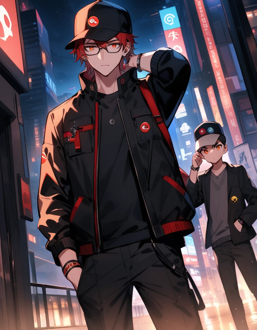 adult boy with red hair and red eyes, holds a pokeball in his hands. shorth hair, orange eyes, baseball cap with a pokeball symbol, black clothing, city at night, urban landscape, mighty. In front of a large entrance. One arm extended forward and the other in the pocket, wearing an black jacket and a pair of glasses above his cap. Your ear having a crystal earring. On your forearms, visible three special bracelets, each with a different symbol, all technological.
