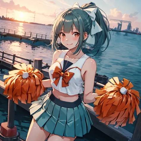 yuubari_kantaicollection,
ponytail, bangs, brown_eyes, bow, hair_bow, green_hair, grey_hair, 
(masterpiece:1.4),(best quality:1....