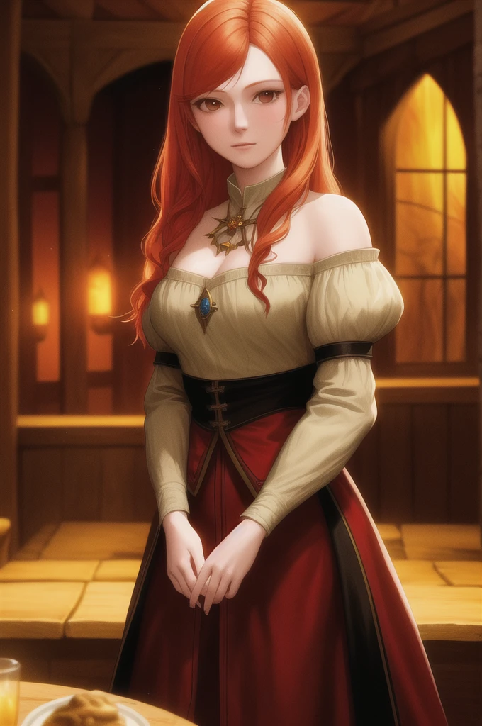 Young redhead woman, Medieval Tales Tavern, Exquisitely crafted and colorful interior, Detailed intense sunrise lightning, Best Geometry, Award-winning masterpiece, Very complex shadows and lighting, Best lighting, Best Shadow, Complex and busy setup, artステーションで話題, Global Illumination, Self-luminous, Bioluminescence, Mid-Journey Style, art：Albert Bierstadt