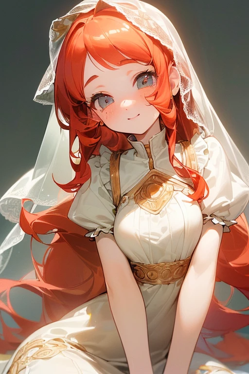 ((Masterpiece:1.5, Best Quality, High Resolution:1.3, Super Resolution, Super Detailed, Ultra Detailed:1.3, Perfect Anatomy:1.5, 1 girl) pale skin + long curly red hair + honey eyes + long eyelashes + feminine figure + freckles on her cheeks (modest and cute dress, novice veil) ((open eyes, cheerful expression, luminous eyes))