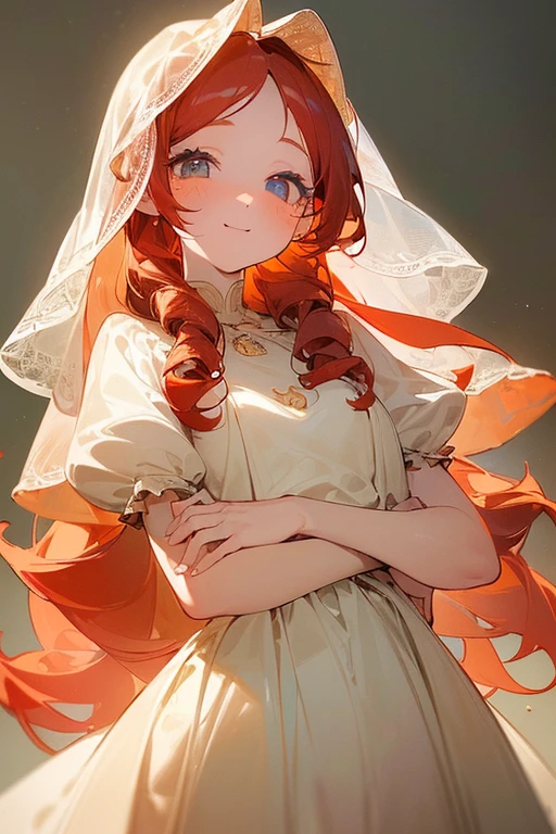 ((Masterpiece:1.5, Best Quality, High Resolution:1.3, Super Resolution, Super Detailed, Ultra Detailed:1.3, Perfect Anatomy:1.5, 1 girl) pale skin + long curly red hair + honey eyes + long eyelashes + feminine figure + freckles on her cheeks (modest and cute dress, novice veil) ((open eyes, cheerful expression, luminous eyes))