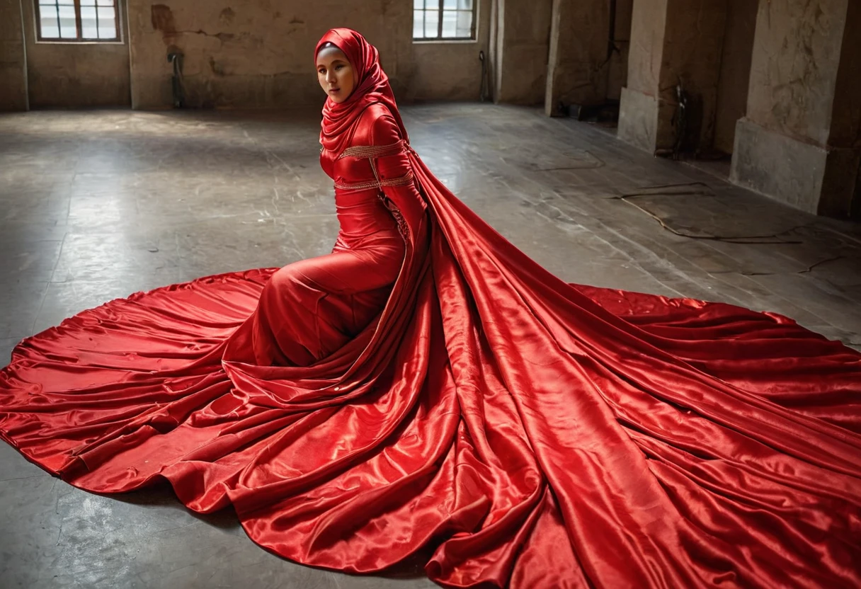 A woman shrouded in a 8-meter-long, plush red satin cloth, tightly bound and grandly draping along the form of her body, flowing off into a pooled floor-length train, styled in a mermaid-inspired outfit with very long train outfit, her head modestly veiled in a satin hijab, tall woman, standing on stsge, a full-body pose conveying a sense of mysterious elegance, captured in a 4k resolution, ultra-realistic