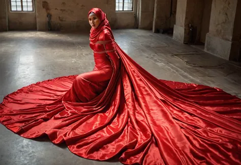 a woman shrouded in a 8-meter-long, plush red satin cloth, tightly bound and grandly draping along the form of her body, flowing...