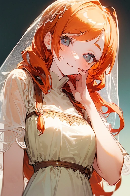 ((Masterpiece:1.5, Best Quality, High Resolution:1.3, Super Resolution, Super Detailed, Ultra Detailed:1.3, Perfect Anatomy:1.5, 1 girl) pale skin + long curly red hair + honey eyes + long eyelashes + feminine figure + freckles on her cheeks (modest and cute dress, novice veil) ((open eyes, cheerful expression, luminous eyes))