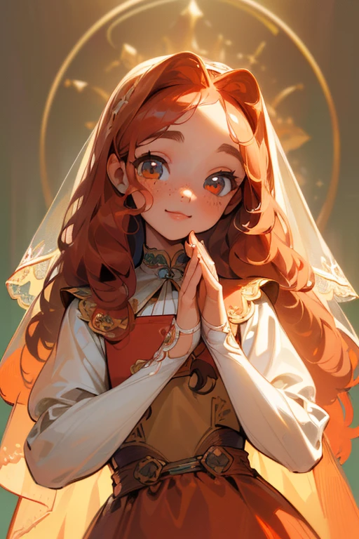 ((Masterpiece:1.5, Best Quality, High Resolution:1.3, Super Resolution, Super Detailed, Ultra Detailed:1.3, Perfect Anatomy:1.5, 1 girl) pale skin + long curly red hair + honey eyes + long eyelashes + feminine figure + freckles on her cheeks (modest and cute dress, novice veil) ((open eyes, cheerful expression, luminous eyes))