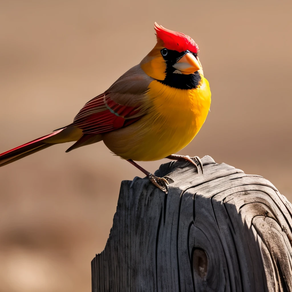 vibrant yellow cardinal, standing on a weathered wooden fence, facing left, sharp beak, prominent black mask around the eyes, tufted crest, grey-brown wings and tail, natural outdoor setting, blurred background with soft green and brown hues, diffused natural light, calm and serene atmosphere, detailed plumage texture, side view close-up photography, sharp focus on the bird, soft depth of field, no motion blur.