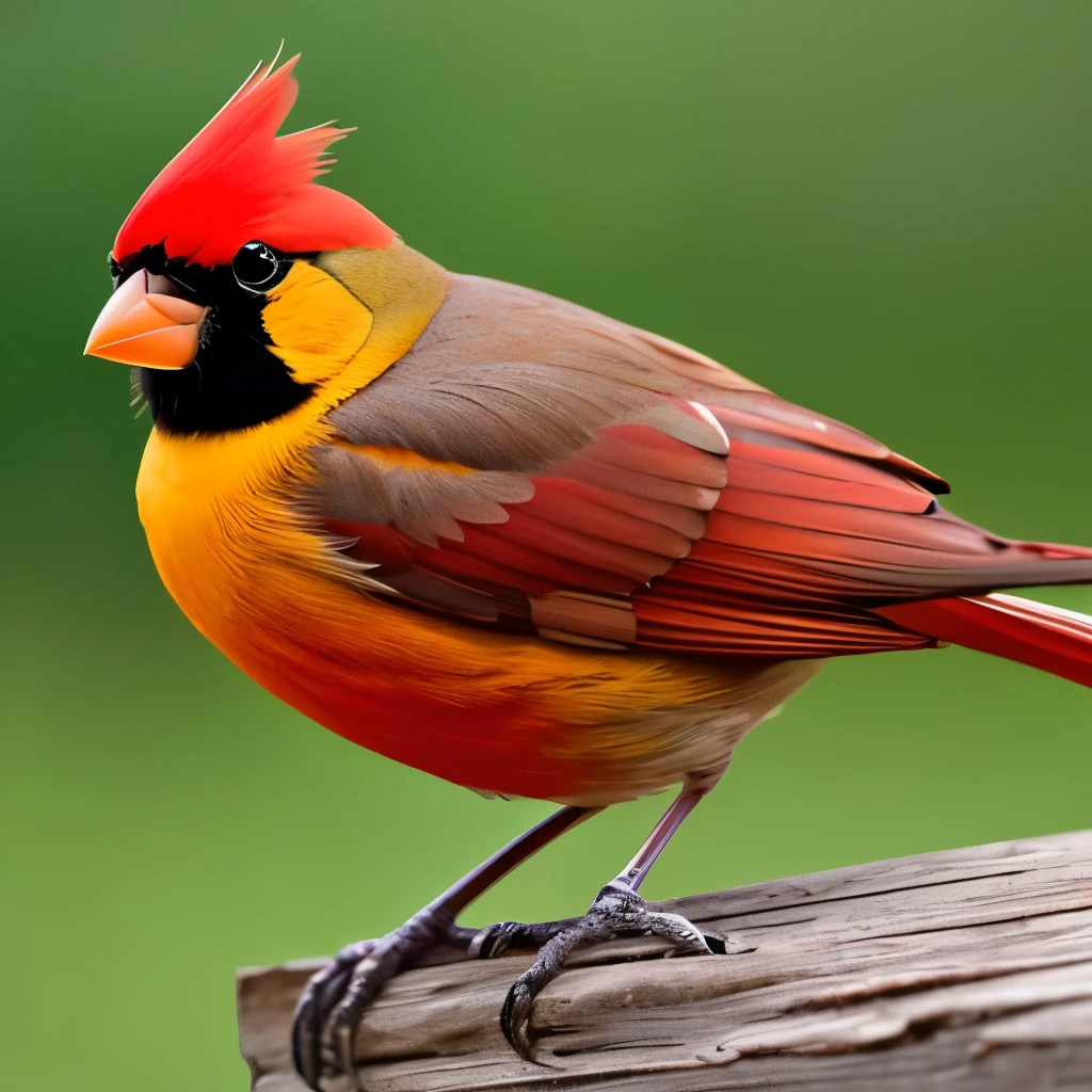 vibrant yellow cardinal, standing on a weathered wooden fence, facing left, sharp beak, prominent black mask around the eyes, tufted crest, grey-brown wings and tail, natural outdoor setting, blurred background with soft green and brown hues, diffused natural light, calm and serene atmosphere, detailed plumage texture, side view close-up photography, sharp focus on the bird, soft depth of field, no motion blur.