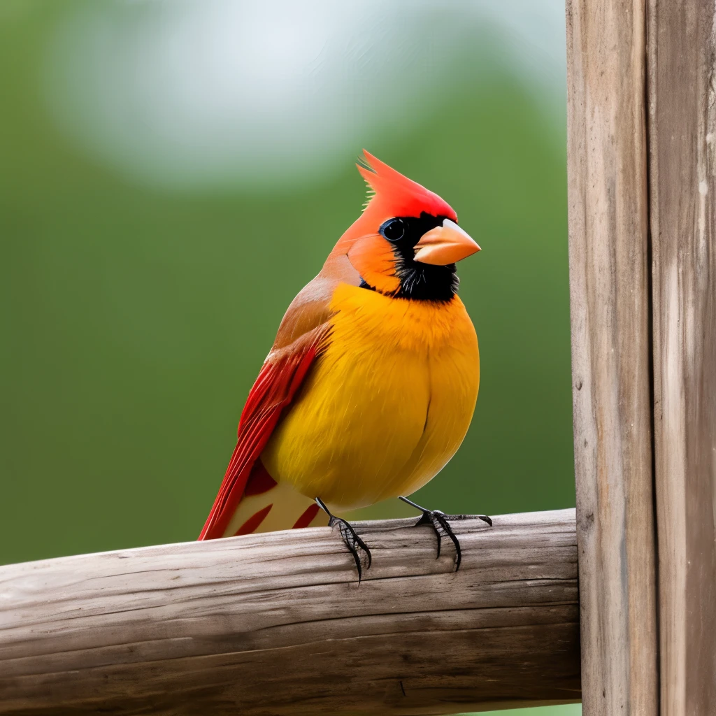 vibrant yellow cardinal, standing on a weathered wooden fence, facing left, sharp beak, prominent black mask around the eyes, tufted crest, grey-brown wings and tail, natural outdoor setting, blurred background with soft green and brown hues, diffused natural light, calm and serene atmosphere, detailed plumage texture, side view close-up photography, sharp focus on the bird, soft depth of field, no motion blur.