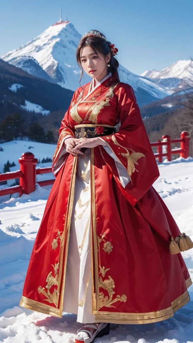 ((Highest quality、8k、masterpiece:1.3))、Realistic, Sharp focus, High resolution, High resolution, Portraiture, alone, Full body photography、Japanese, Beautiful woman,Big Breasts、red royal dress,standing,Gold Edge、Snowy mountain top