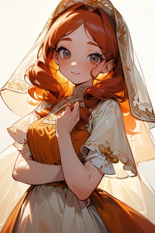 ((Masterpiece:1.5, Best Quality, High Resolution:1.3, Super Resolution, Super Detailed, Ultra Detailed:1.3, Perfect Anatomy:1.5, 1 girl) pale skin + long curly red hair + honey eyes + long eyelashes + feminine figure + freckles on her cheeks (modest and cute dress, novice veil) ((open eyes, cheerful expression, luminous eyes))