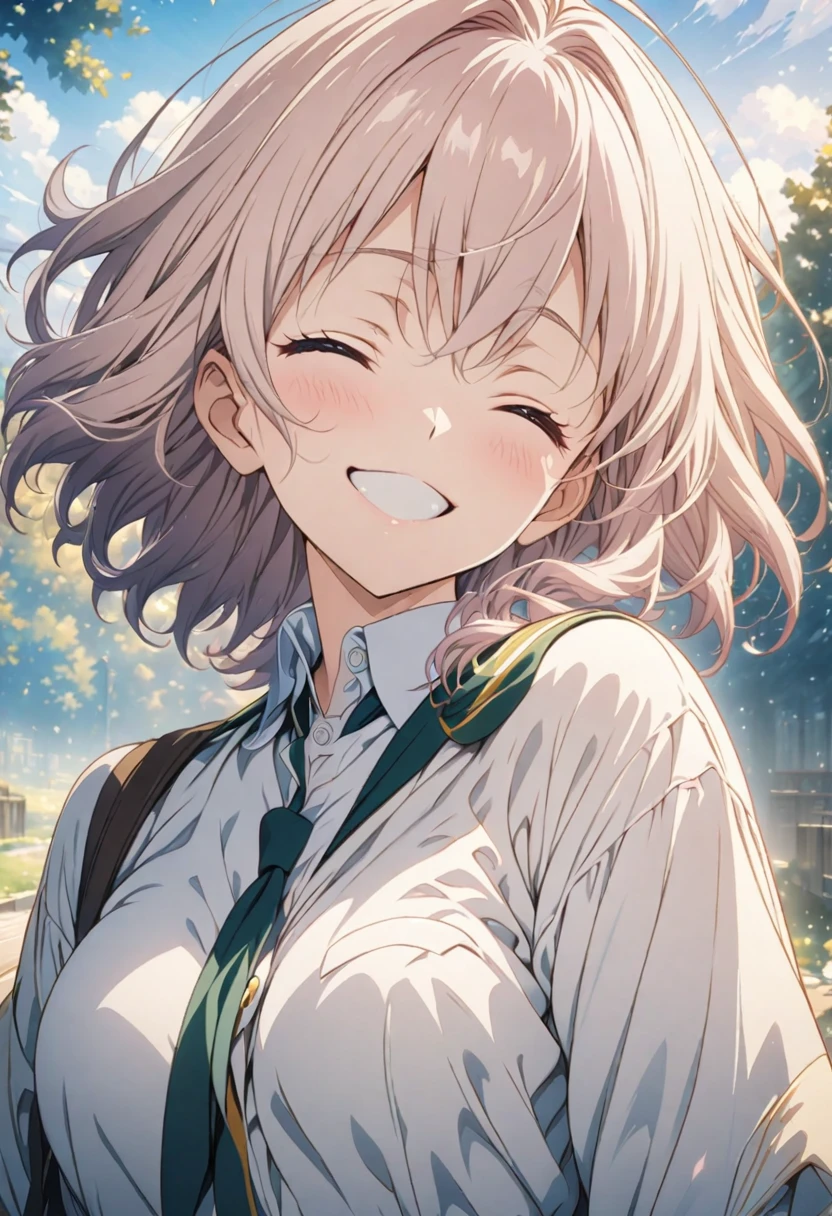 masterpiece, Highest quality, Highly detailed CG Unity 8K wallpapers, High School Girl Anime Illustration. Wearing a uniform、she has her eyes closed and mouth open, smile. The background is a light pastel colored landscape