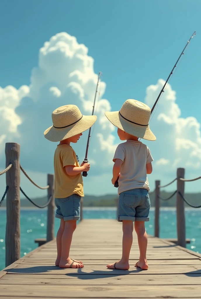 Photo realistic:1.5, Realistic Face:1.4, Realistic eyes:1.5, Realistic skin:1.3, Summer vacation memories photos, Country pier, blue sky, cumulonimbus, Boys wearing straw hats, They are fishing together, Overall, it has a nostalgic atmosphere., masterpiece, anatomically correct, textured skin, super detail, high details, high quality, award winning, best quality
