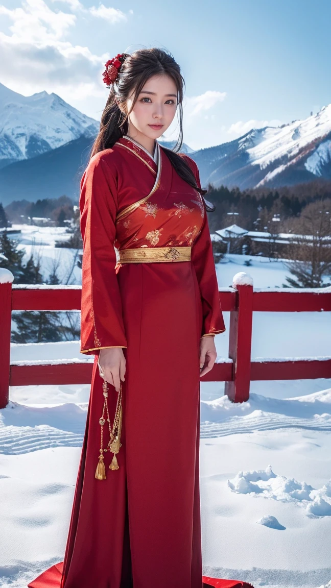 ((Highest quality、8k、masterpiece:1.3))、Realistic, Sharp focus, High resolution, High resolution, Portraiture, alone, Full body photography、Japanese, Beautiful woman,Big Breasts、red royal dress,standing,Gold Edge、Snowy mountain top