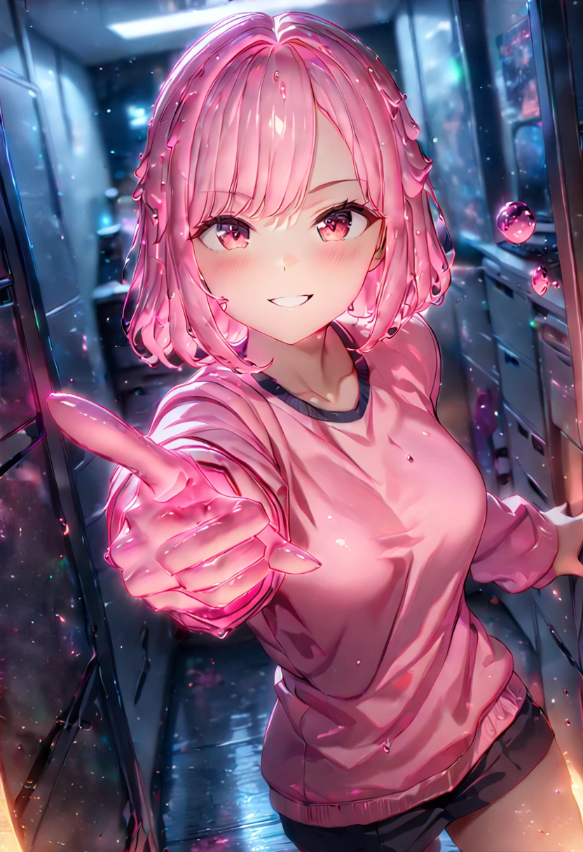 Illustration, Anime, Pink Slime girl, bubbly grin, pointing at viewer, monster girl 1girl, cinematic lighting, masterpiece, office cubicle, best quality(Depth of field hdr 8k 4k wallpaper cinematic angle, cinematic lighting,:1.5) (masterpiece, best quality:2.0), (Depth of field hdr 8k 4k wallpaper cinematic angle, cinematic lighting: 1.5) (masterpiece, best quality:1.75)