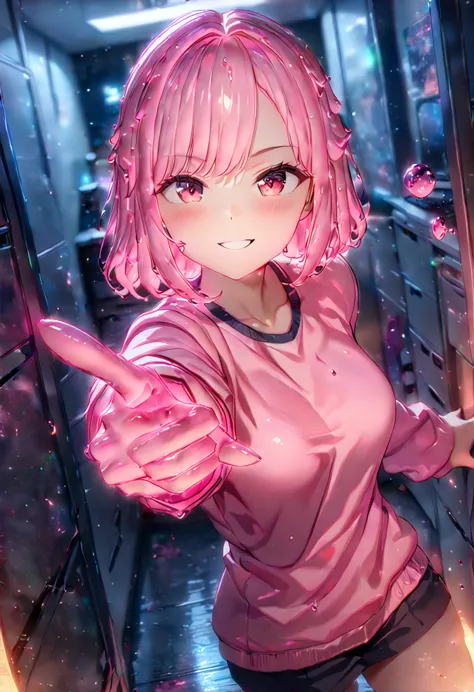 illustration, anime, pink slime girl, bubbly grin, pointing at viewer, monster girl 1girl, cinematic lighting, masterpiece, offi...