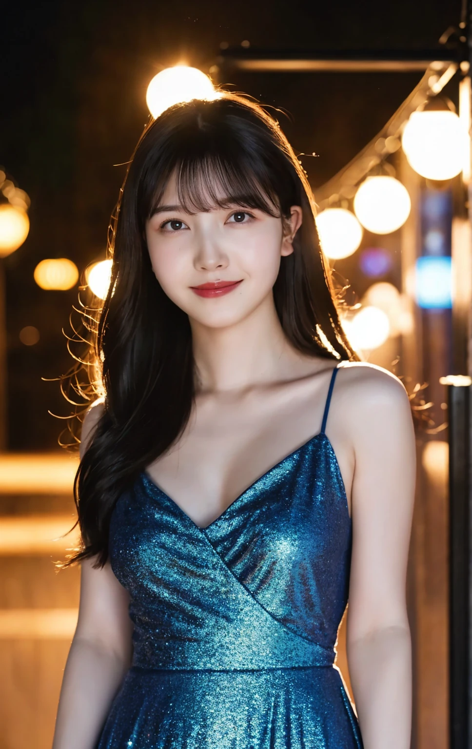 1girl,(wearing a blue glittery evening dress:1.2),(RAW photo, best quality), (realistic, photo-realistic:1.4), masterpiece, an extremely delicate and beautiful, extremely detailed, 2k wallpaper, Amazing, finely detail, extremely detailed CG unity 8k wallpaper, ultra-detailed, highres, soft light, beautiful detailed girl, extremely detailed eyes and face, beautiful detailed nose, beautiful detailed eyes,cinematic lighting,city lights at night,perfect anatomy,slender body,light smile,close up,(long hair with bangs), big breast, bare thighs.