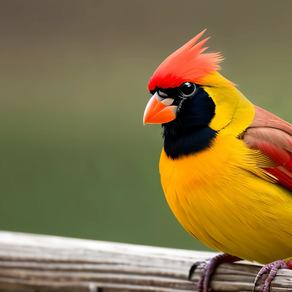 vibrant yellow cardinal, standing on a weathered wooden fence, facing left, sharp beak, prominent black mask around the eyes, tufted crest, grey-brown wings and tail, natural outdoor setting, blurred background with soft green and brown hues, diffused natural light, calm and serene atmosphere, detailed plumage texture, side view close-up photography, sharp focus on the bird, soft depth of field, no motion blur.