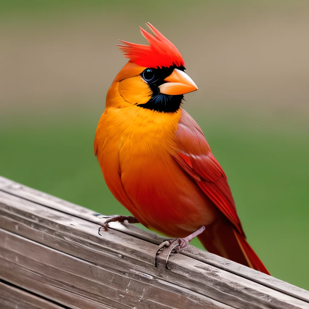 vibrant yellow cardinal, standing on a weathered wooden fence, facing left, sharp beak, prominent black mask around the eyes, tufted crest, grey-brown wings and tail, natural outdoor setting, blurred background with soft green and brown hues, diffused natural light, calm and serene atmosphere, detailed plumage texture, side view close-up photography, sharp focus on the bird, soft depth of field, no motion blur.