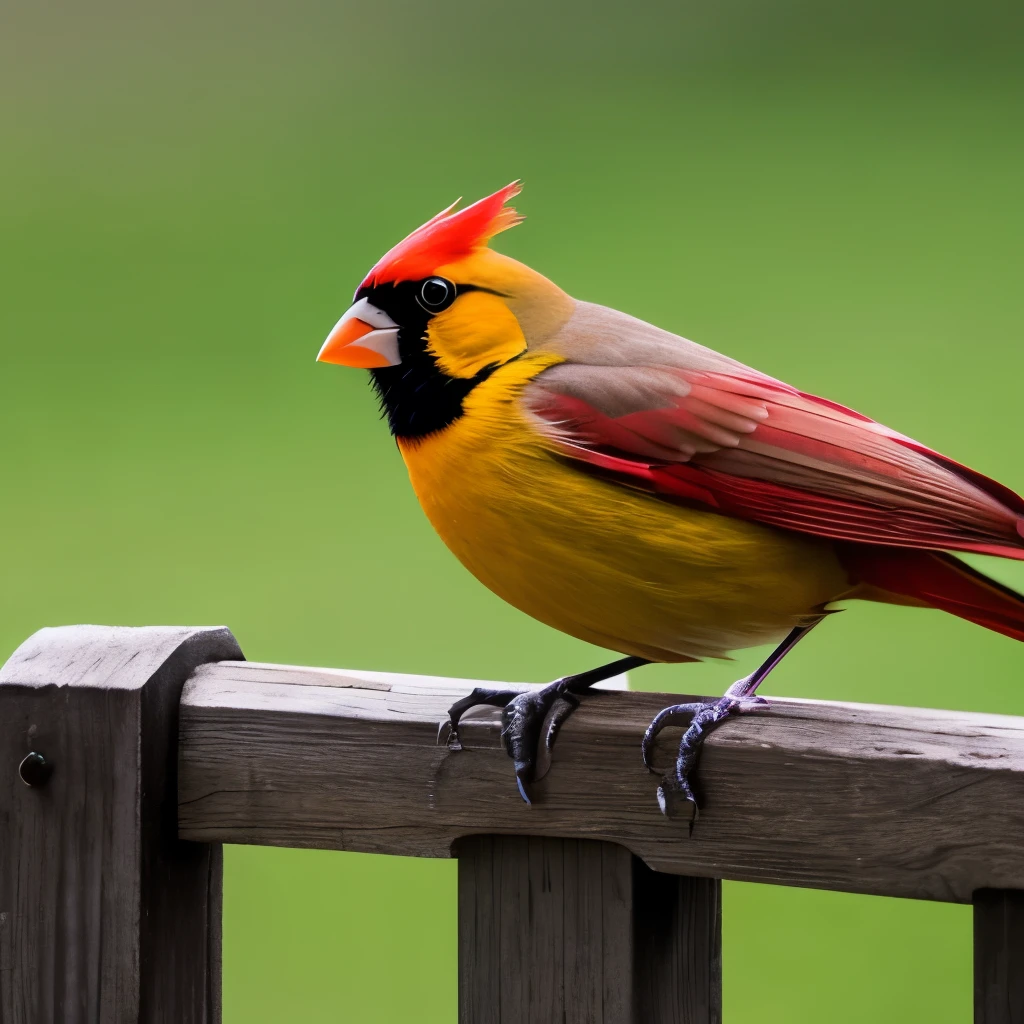 vibrant yellow cardinal, standing on a weathered wooden fence, facing left, sharp beak, prominent black mask around the eyes, tufted crest, grey-brown wings and tail, natural outdoor setting, blurred background with soft green and brown hues, diffused natural light, calm and serene atmosphere, detailed plumage texture, side view close-up photography, sharp focus on the bird, soft depth of field, no motion blur.