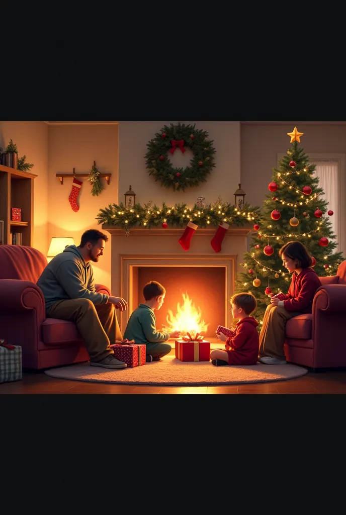 Family gathered around the fireplace in armchairs and children around the Christmas tree opening presents and the house decorated with Christmas decorations