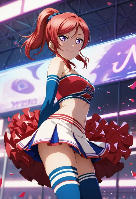 masterpiece, best quality, nishikino maki,red hair, medium hair, purple eyes , cheerleader top , tube top, skirt, elbow gloves, mismatched thighhighs , standing, arms behind back, smile , love live , ponytail 