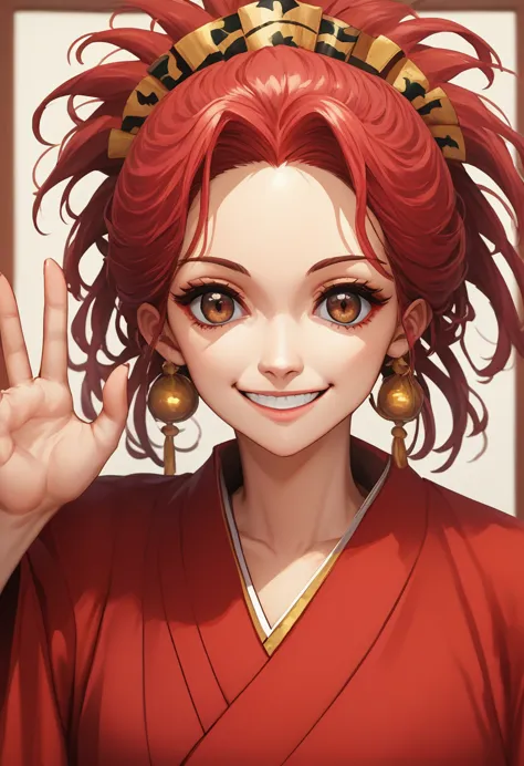 masterpiece, best quality, alone, 1 chico, vermilion hair, dark eyes, red kimono, portraits of a, bloods, smile, upper part of t...