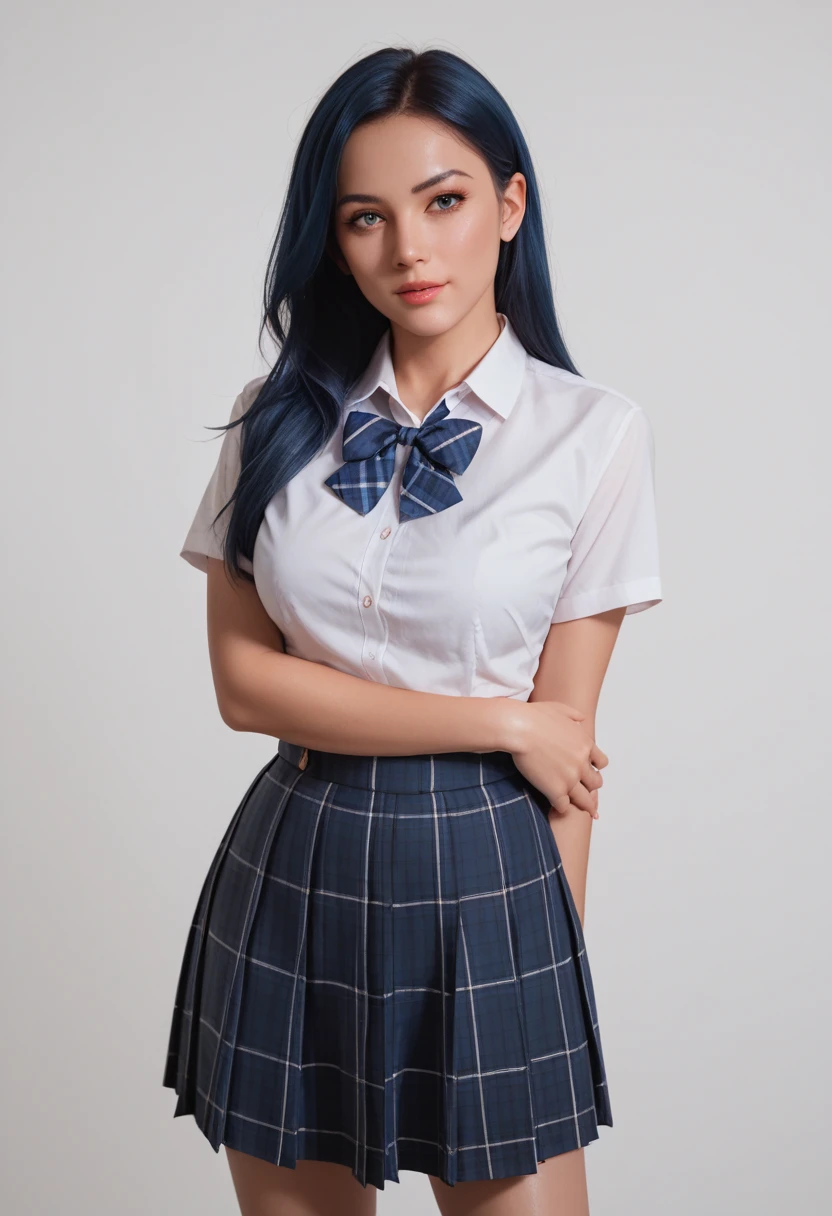 score_9,score_8_up,score_7_up, A stylish blue-haired woman,wearing school uniform, The lighting is soft, clothes details and her confident pose. capturing the fusion of beautyful school girl