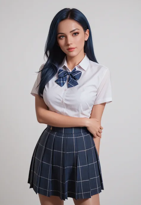 score_9,score_8_up,score_7_up, a stylish blue-haired woman,wearing school uniform, the lighting is soft, clothes details and her...