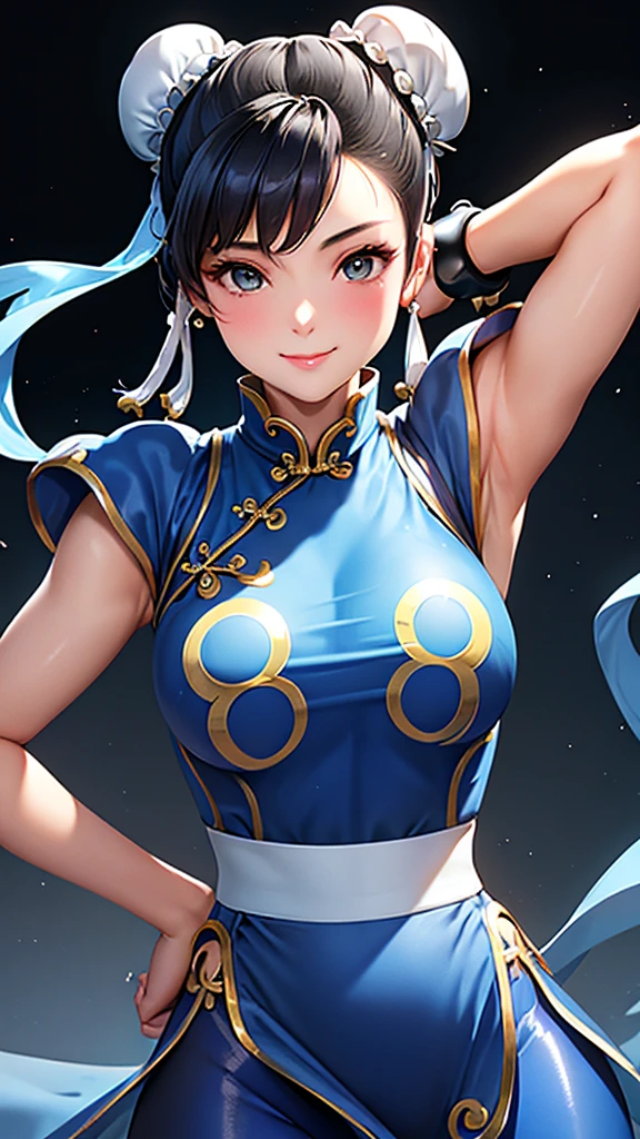 ((Chun-Li,ponytail,blue Leggings:1.3)),upper body, Looking at the audience,Slim and sexy figure, the best quality, (8k), (4K),(masterpiece), (the best quality), Extremely detailed, Game CG, Ultra Detailed, illustration, Beautiful Body,Beautiful nose, Perfect Eye, Perfect Face , 1 girl, 30 years,Fair Finger,Fair body, Fair Nose,Fair character design, perfect Eye, perfect Face,expressive Eye,Perfect balance,(Focus on her Face),(Smile:0.3), official art,Extremely detailed CG Unity 8K wallpaper, rich and colourful,  (masterpiece:1.0),(the best_quality:1.0), Ultra-high resolution,4K,Ultra Detailed, photography, 8k, HDR, high resolution, (Fair,Big goals_Chest:1.4), (blue china dress,smile,pretty face,Clear image:1.3),((Wear an aura on your body,The background is Chinatown:1.3))