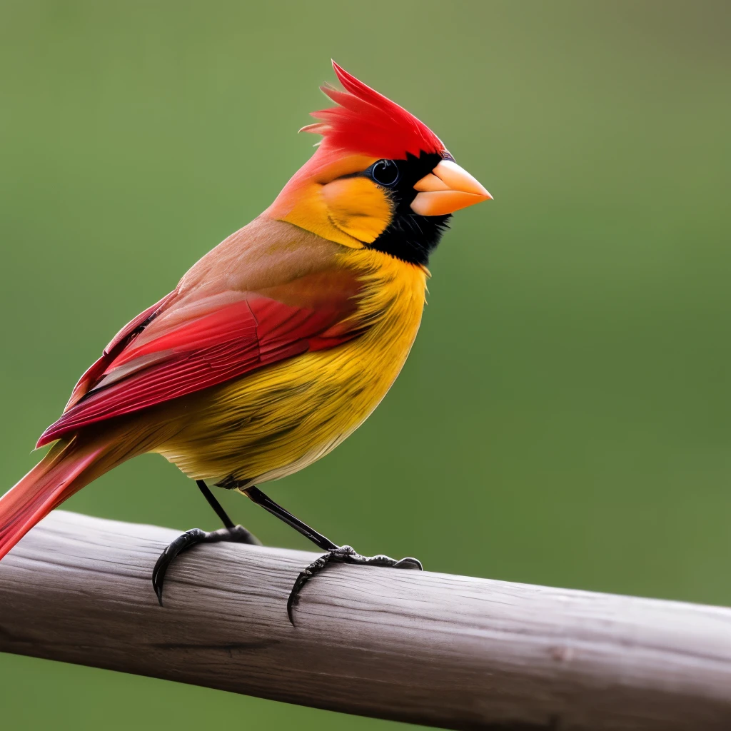 vibrant yellow cardinal, standing on a weathered wooden fence, facing left, sharp beak, prominent black mask around the eyes, tufted crest, grey-brown wings and tail, natural outdoor setting, blurred background with soft green and brown hues, diffused natural light, calm and serene atmosphere, detailed plumage texture, side view close-up photography, sharp focus on the bird, soft depth of field, no motion blur.