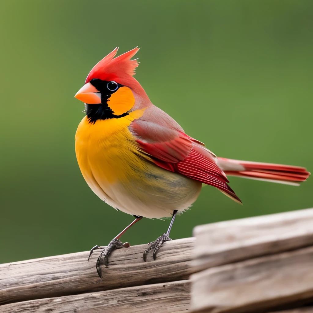 vibrant yellow cardinal, standing on a weathered wooden fence, facing left, sharp beak, prominent black mask around the eyes, tufted crest, grey-brown wings and tail, natural outdoor setting, blurred background with soft green and brown hues, diffused natural light, calm and serene atmosphere, detailed plumage texture, side view close-up photography, sharp focus on the bird, soft depth of field, no motion blur.