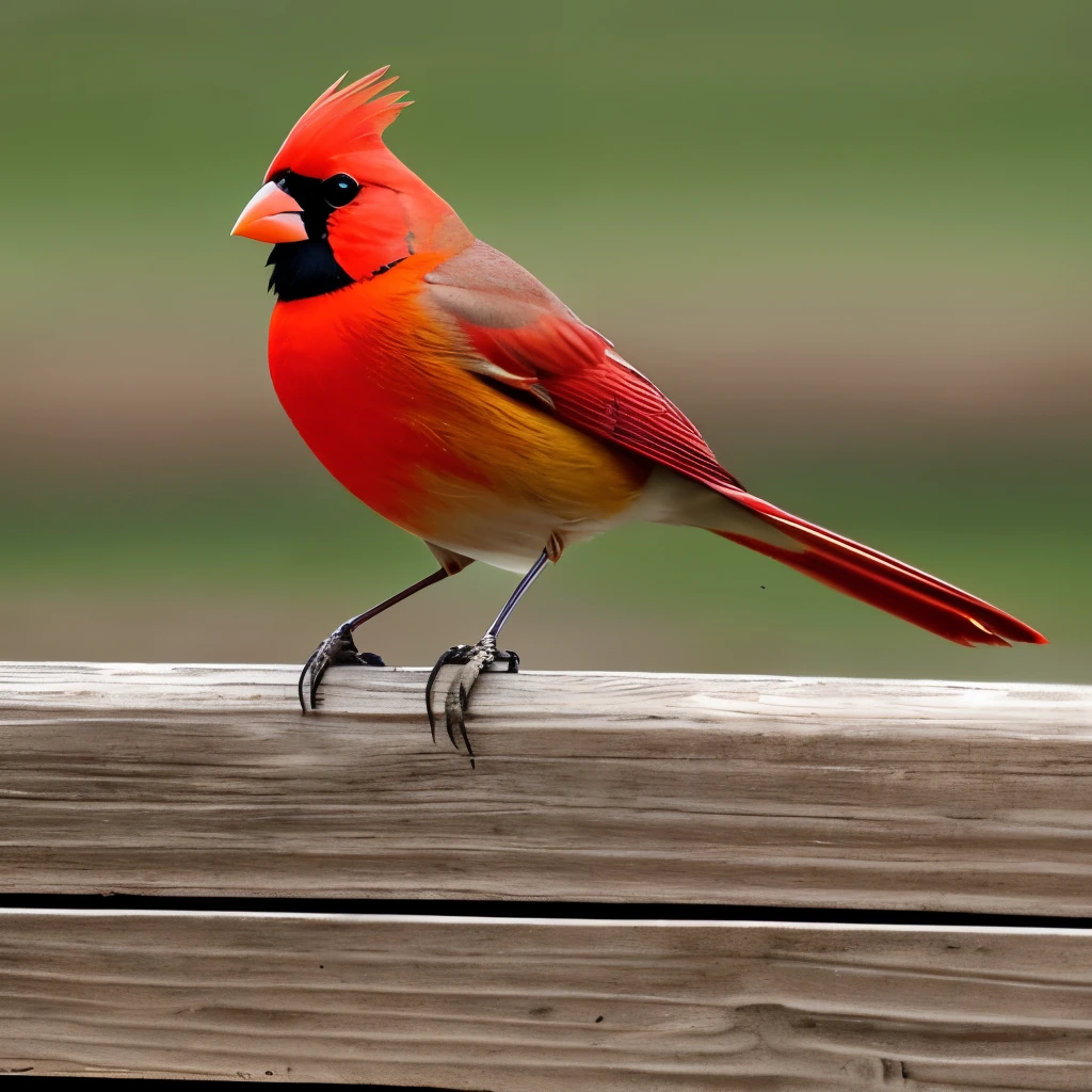 vibrant yellow cardinal, standing on a weathered wooden fence, facing left, sharp beak, prominent black mask around the eyes, tufted crest, grey-brown wings and tail, natural outdoor setting, blurred background with soft green and brown hues, diffused natural light, calm and serene atmosphere, detailed plumage texture, side view close-up photography, sharp focus on the bird, soft depth of field, no motion blur.