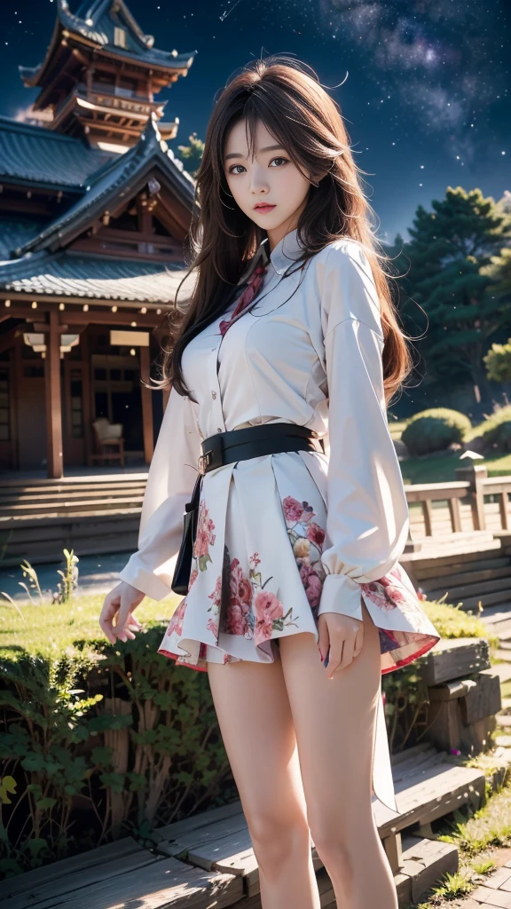 ulzzang-6500-v1.1, (RAW photo: 1.2), (Real photo), (Real photo: 1.4), 1 girl、Perfect anatomy、1、Looking at the camera、Medium length hair、hair fluttering in the wind, skirt, standing in front of a magnificent castle in the middle of the forest, with stars, ((midnight castle: 1.1))、(Business service)、Asian eyes Ella, panoramic photo