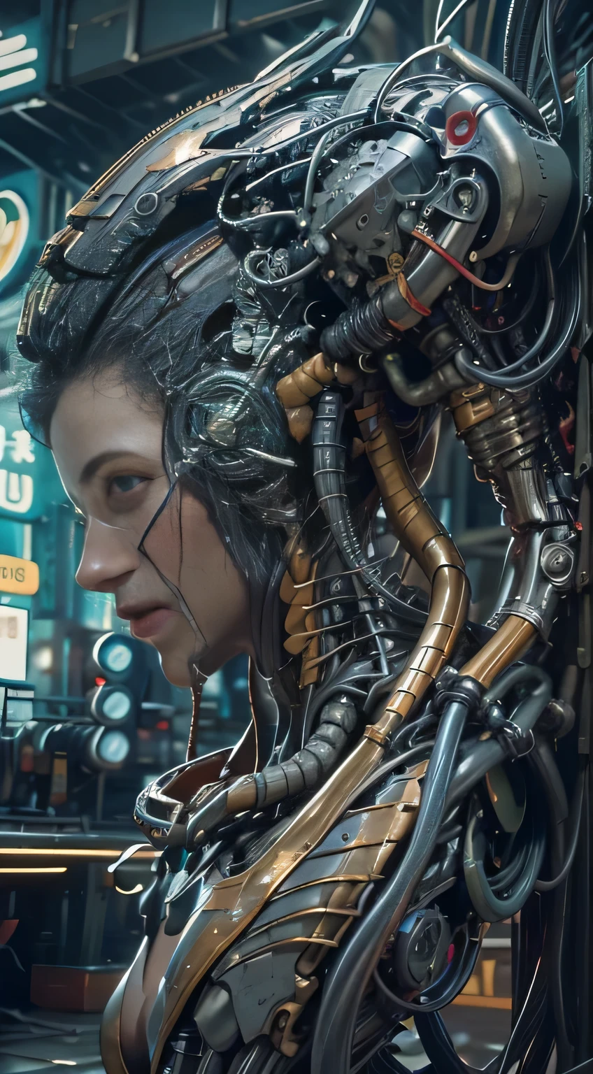 of the highest quality, masutepiece, Ultra-high resolution, ((PhotoRealistic: 1.4), RAW photo, 1 CybeRpunk male, Glossy glossy skin, 1 mechanical male (SupeR Realistic details)), Mechanical limbs, Tubes attached to mechanical paRts, Mechanical veRtebRae attached to the spine, mechanical ceRvical attachment to the neck, wiRes and cables connecting to head, evangelion, male cybernetics, Luminous small light, globalillumination, Deep shadows, Octane RendeRing, 8k, ultRashaRp, metals, IntRicate ORnament Details, BaRoque details, highly intRicate detail, Realistic light, TRends in CG, Facing the cameRa, neon light detail, (AndRoid factoRy in backgRound), aRt by H.R. GigeR and Alphonse Mucha.