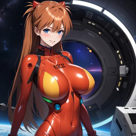 asuka langley soryu female ,bright orange hair, blue eyes, happy smile, blush, big breasts, red eva pilot latex suit. background...