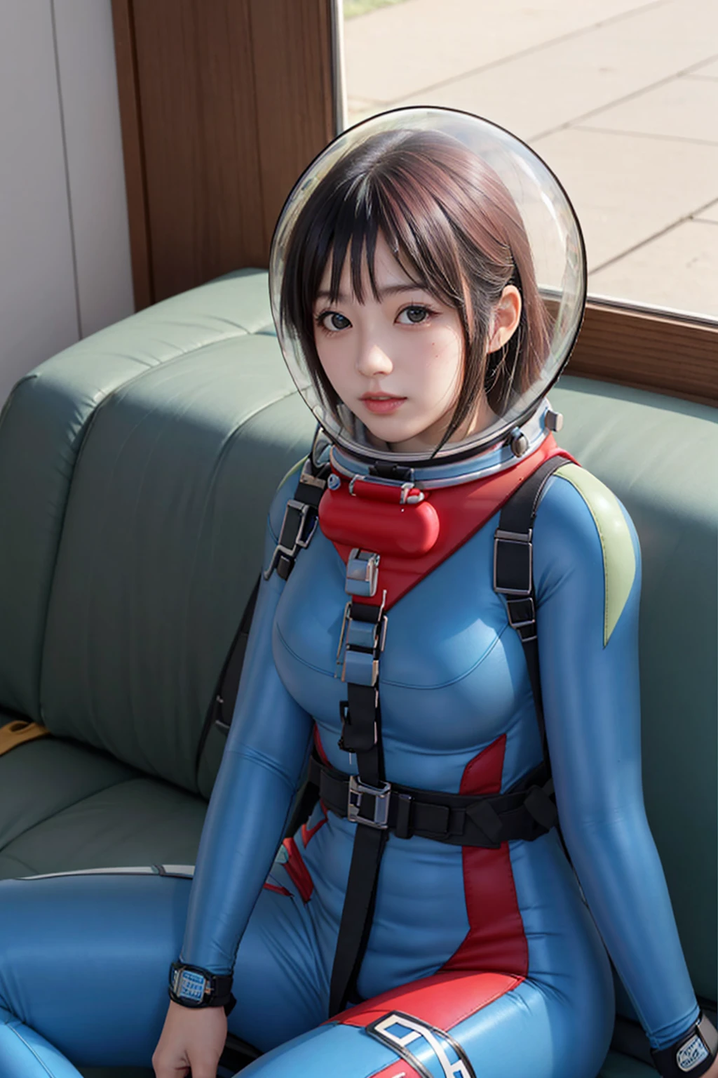 (8k, RAW photo, best quality, masterpiece), (photorealistic), outstanding details, ultra-high resolution, anatomically correct, textured skin, space helmet, helmet, pink bodysuit, diving lama
room, upper body, swimsuit
(Cute Japanese girl , 20-year-old),   sitting