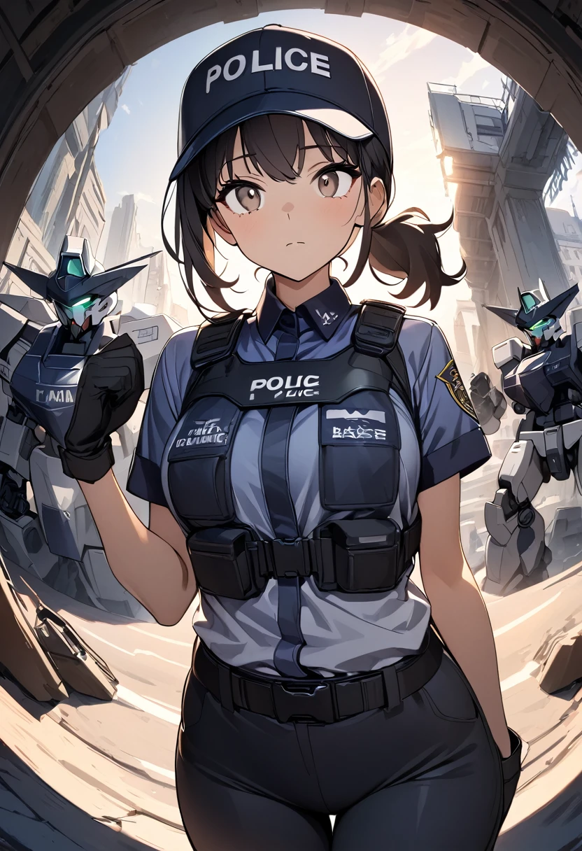 (masterpiece), best quality, 1 girl, solo, thin, thick thigh, upper body, swat uniform (black baseball cap,wearing racing suit likes police uniform, black and gray mecha, military harness, Black pants, Black Rider Gloves), jail, Expressionless, constricted pupils, lattice, looking a view, highres, highest quallity, illustration, cinematic light, dramatic shading, evening days, good lighting, volumetric lighting, backlighting, light rays, perfect dynamic composition, foreshortening, medium hair, short ponytail, black hair, deep brown eye, Design an image with a fisheye lens effect,